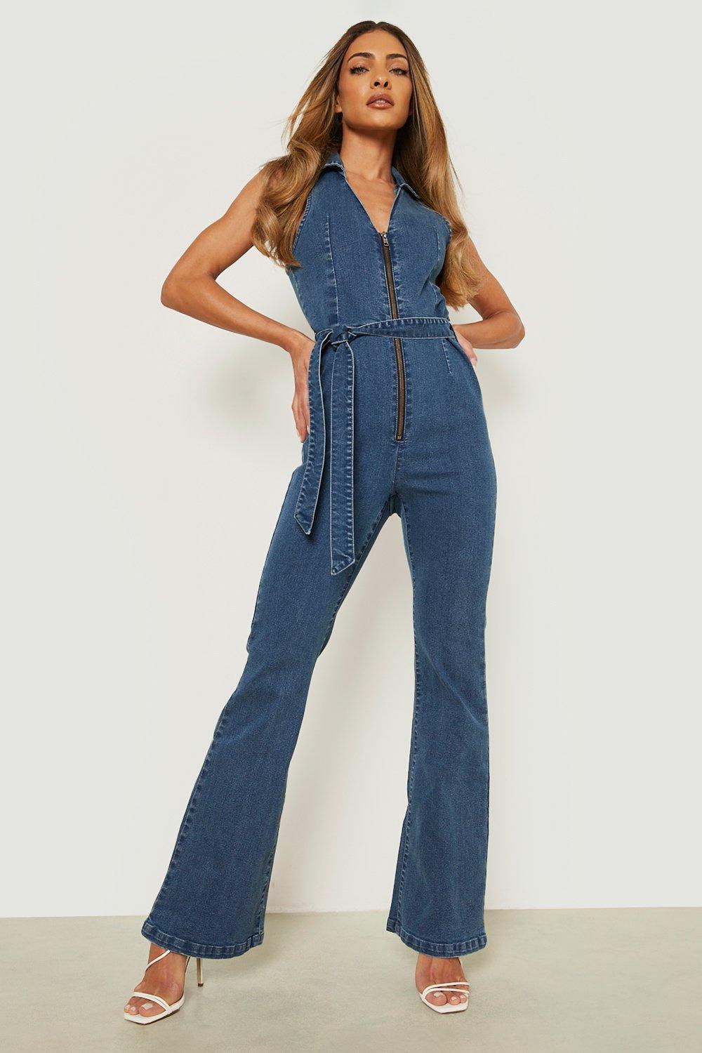 Flare denim jumpsuit on sale